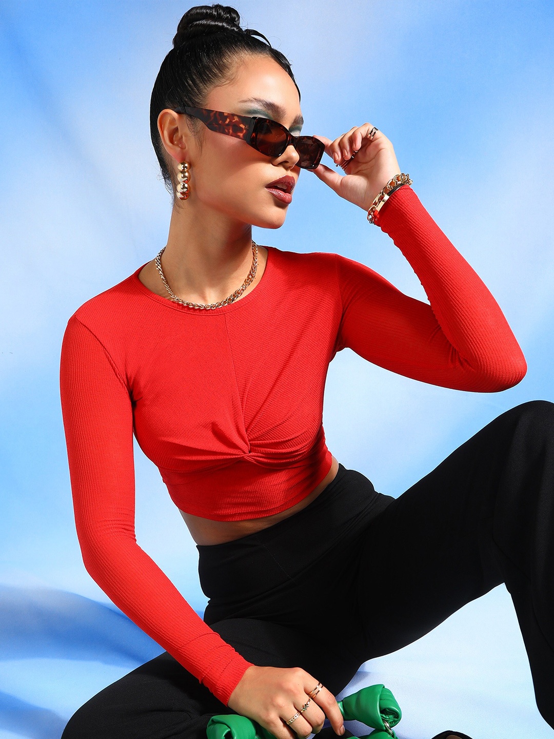 

Veni Vidi Vici Rust Red Round Neck Long Sleeves Front Knot Fitted Crop Top