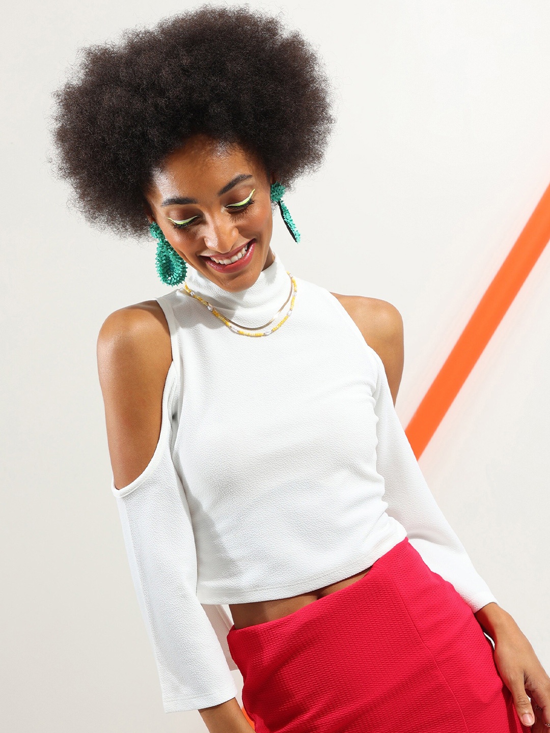 

Veni Vidi Vici White High Neck Cold-Shoulder Crop Top