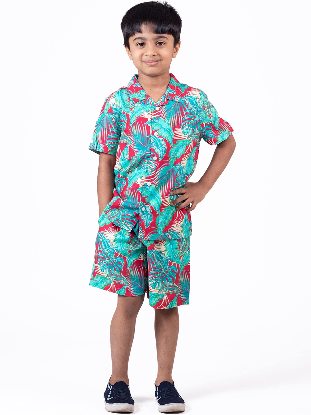 

The Lion and The Fish Boys Hawaiian Tropical Printed Shirt & Short Co-ords, Red