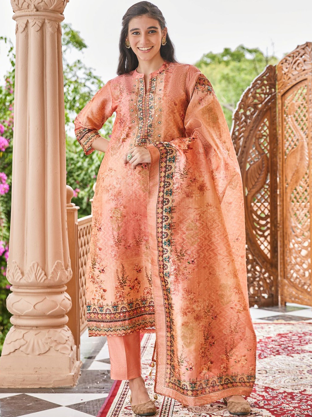 

WOMEN PLUS Ethnic Motifs Printed Beads and Stones Straight Kurta Trousers & Dupatta, Peach