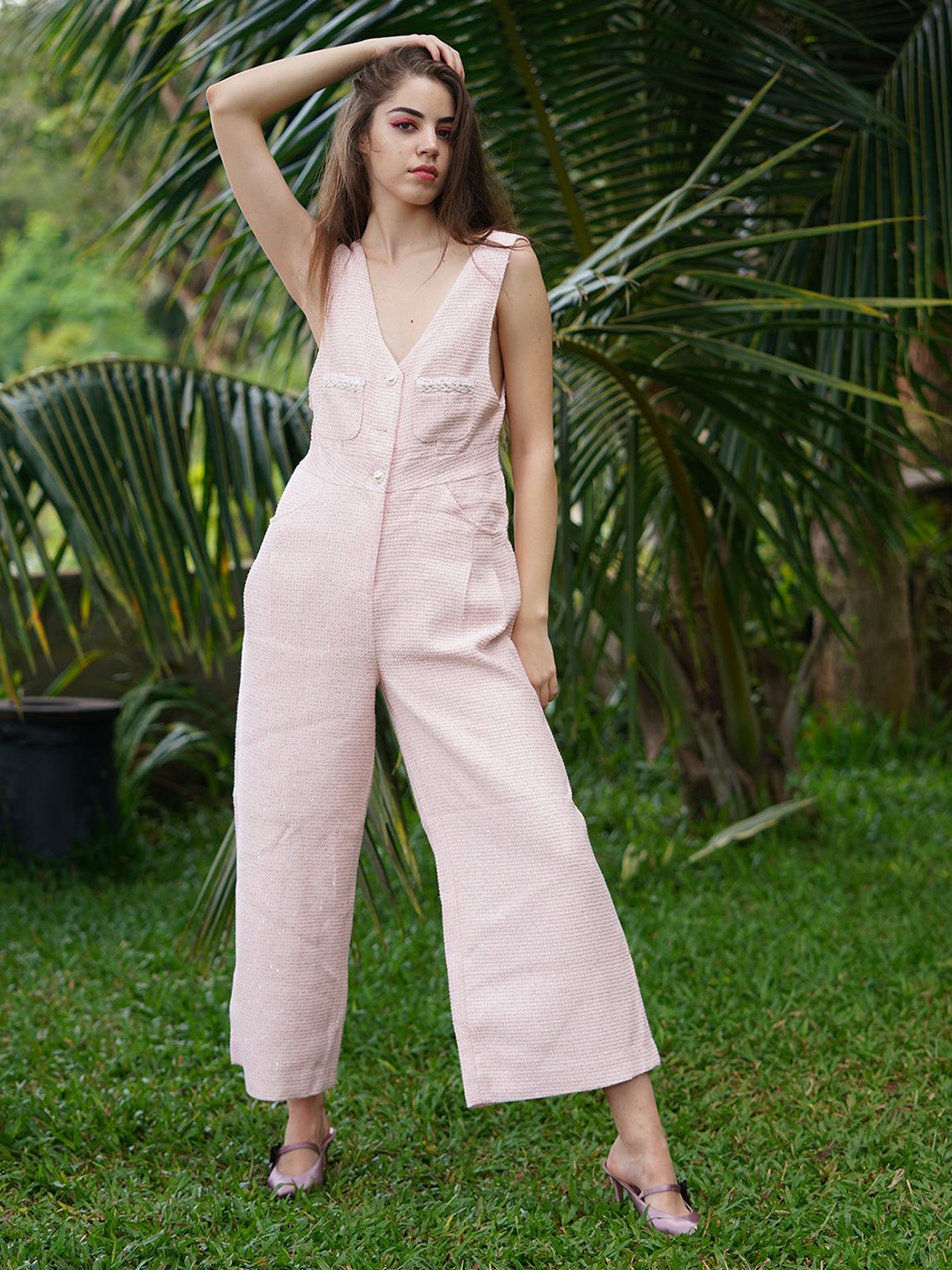 

ODETTE V-Neck Self Designed Basic Jumpsuit, Pink