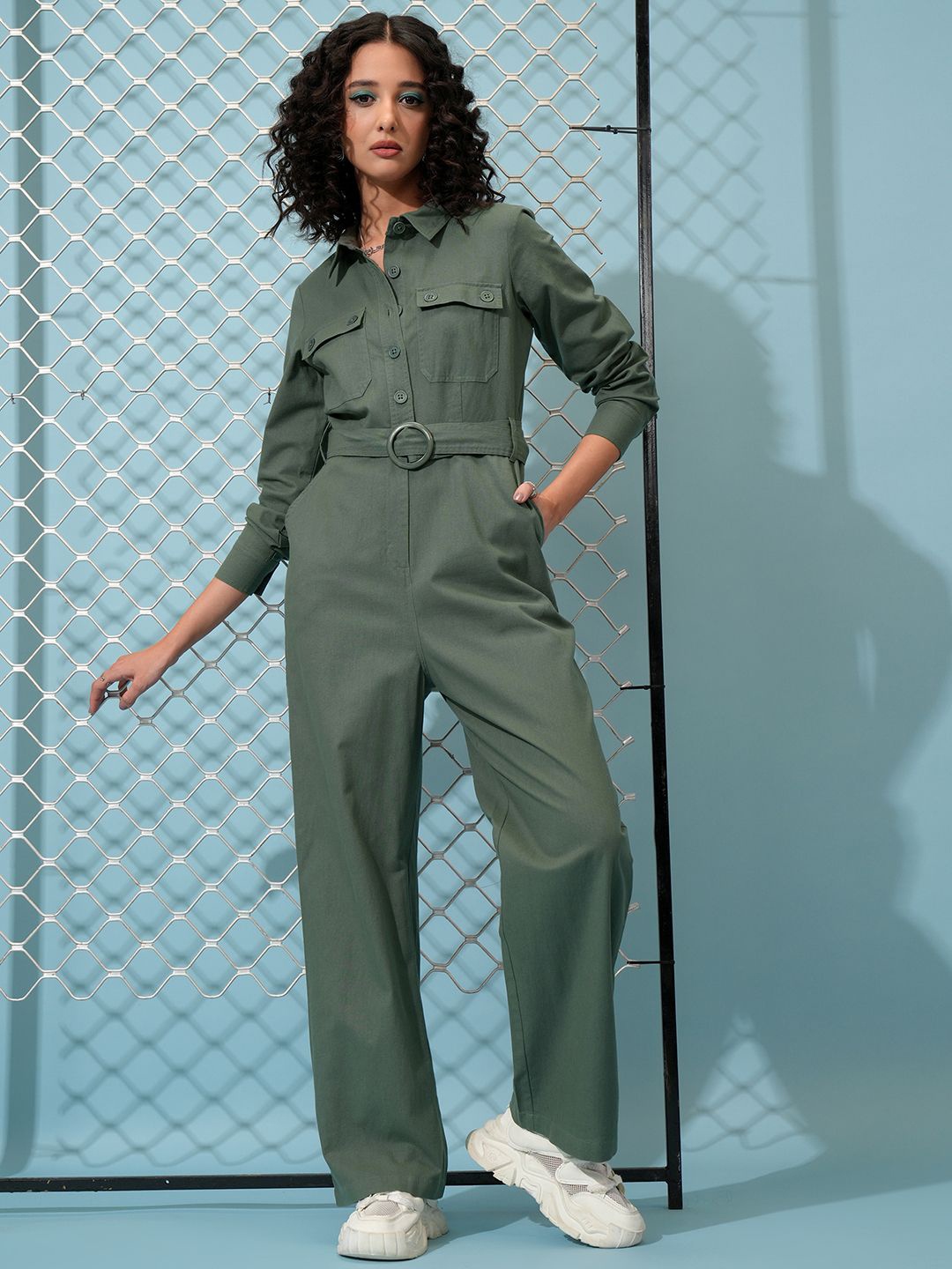 

Tokyo Talkies Green Shirt Collar Cotton Straight Leg Basic Jumpsuit