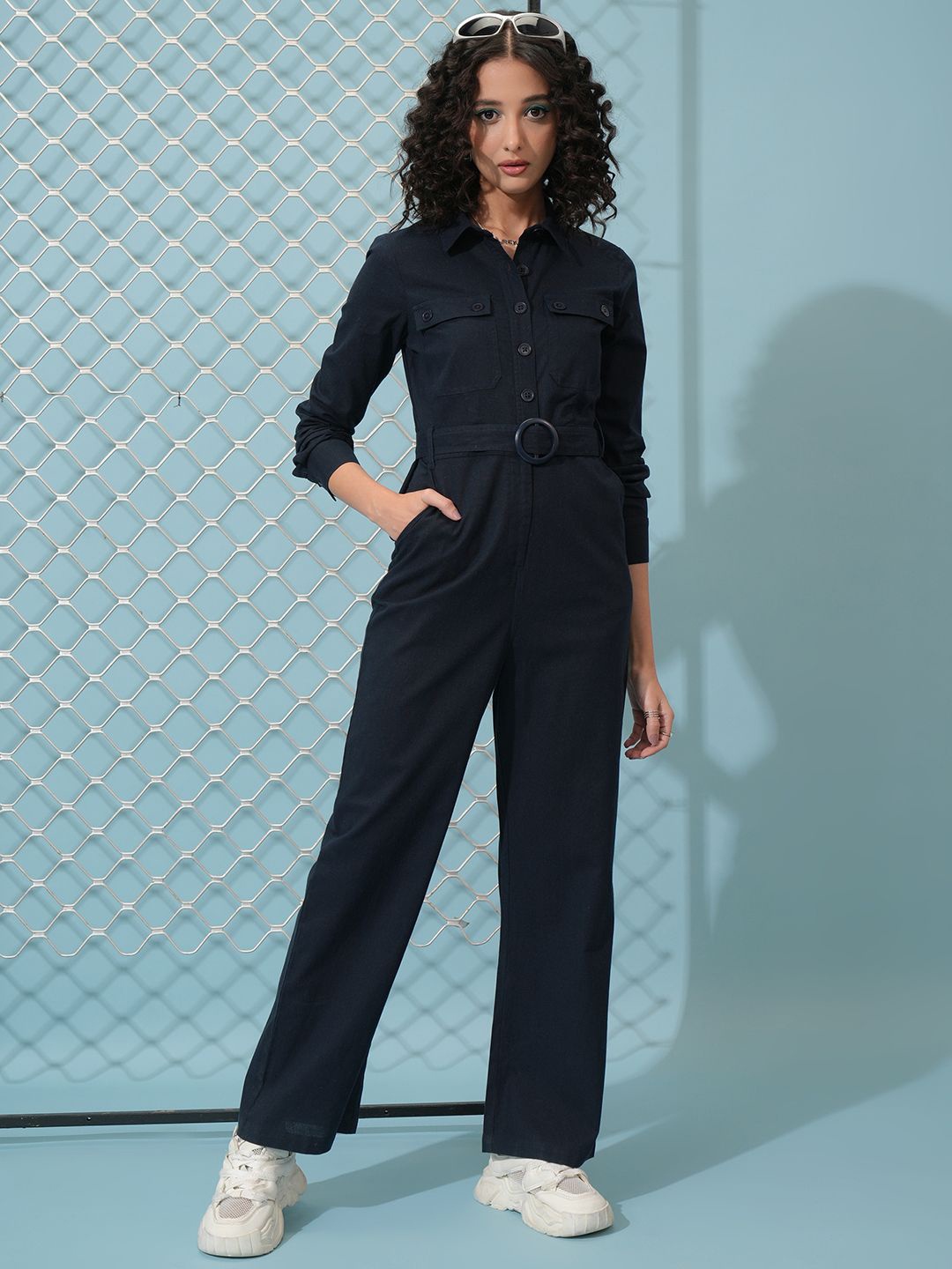 

Tokyo Talkies Navy Blue Shirt Collar Cotton Straight Leg Basic Jumpsuit