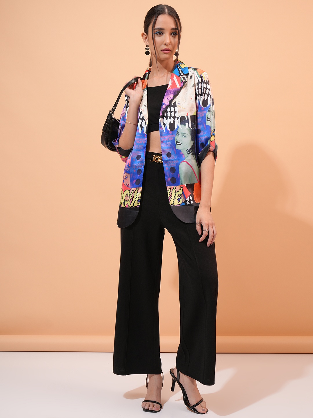 

Tokyo Talkies Blue & Black Printed Long Sleeves Blazer Top & Trousers