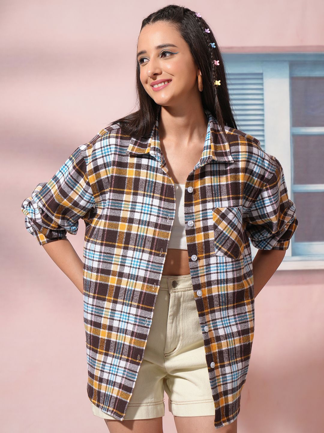 

Tokyo Talkies Women Checked Longline Oversized Shirt, White