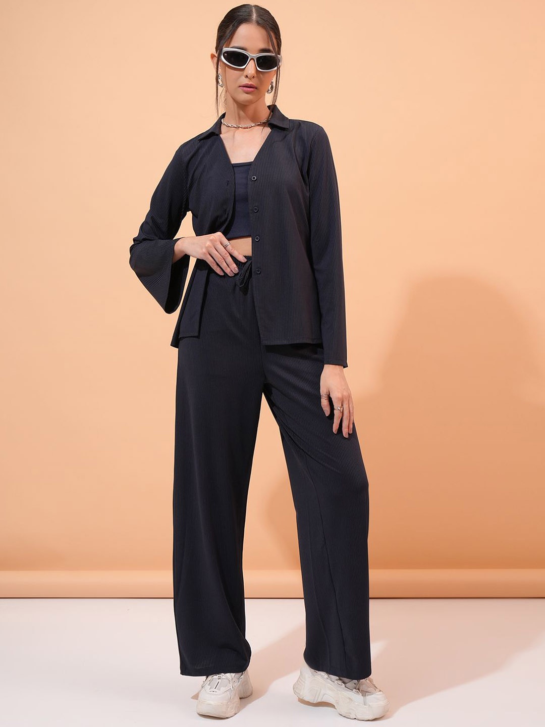 

Tokyo Talkies Navy & Blue Ribbed Bell Sleeve Top With Wide Leg Pant