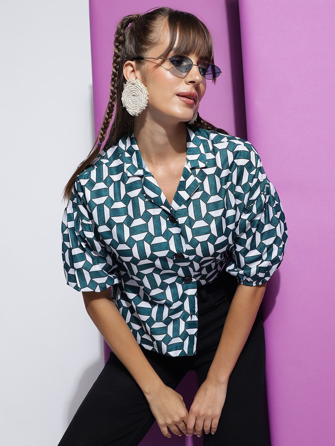 

J Turritopsis Geometric Printed Lapel Collar Puff Sleeves Casual Shirt, Green