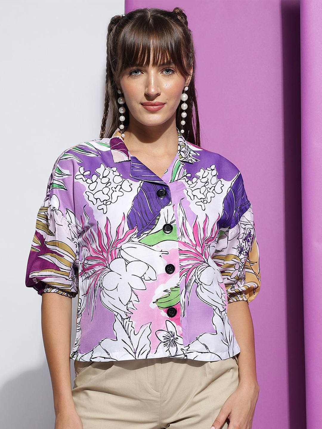 

J Turritopsis Floral Printed Lapel Collar Puff Sleeves Casual Shirt, Violet