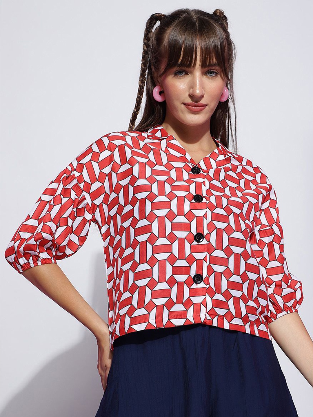 

J Turritopsis Geometric Printed Lapel Collar Puff Sleeves Casual Shirt, Red
