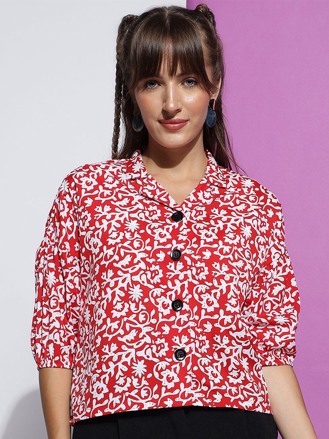 

J Turritopsis Floral Printed Lapel Collar Puff Sleeves Casual Shirt, Red