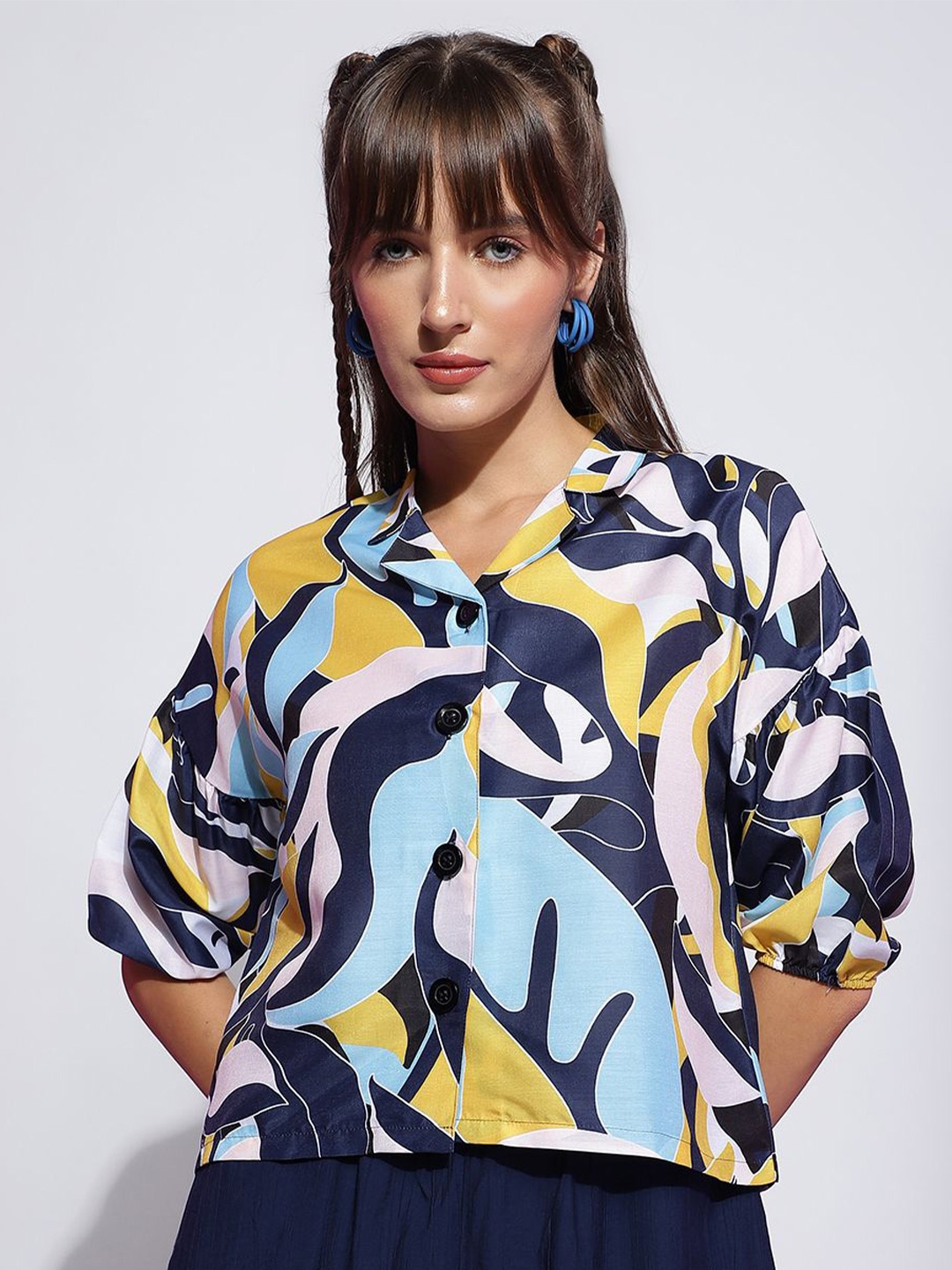 

J Turritopsis Abstract Printed Lapel Collar Puff Sleeves Casual Shirt, Navy blue