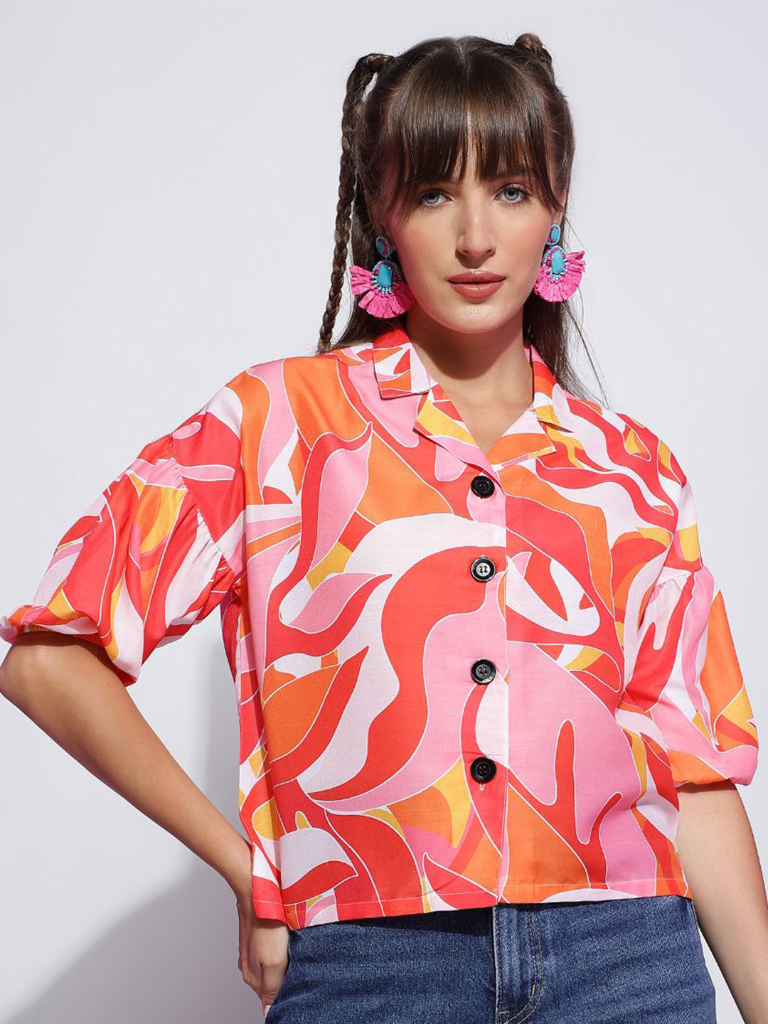 

J Turritopsis Abstract Printed Lapel Collar Puff Sleeves Casual Shirt, Orange