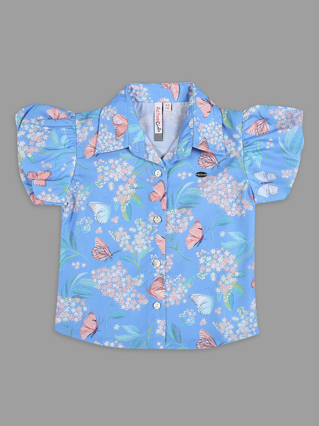

Actuel Girls Floral Printed Puff Sleeve Shirt Style Top, Blue
