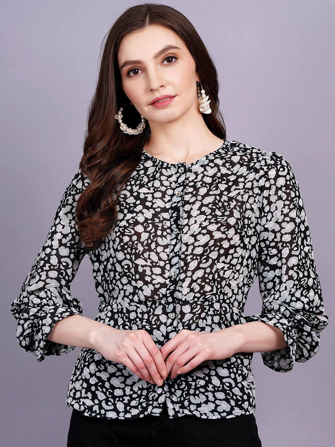 

MINGLAY Animal Printed Puff Sleeves Sheer A-Line Top, Black