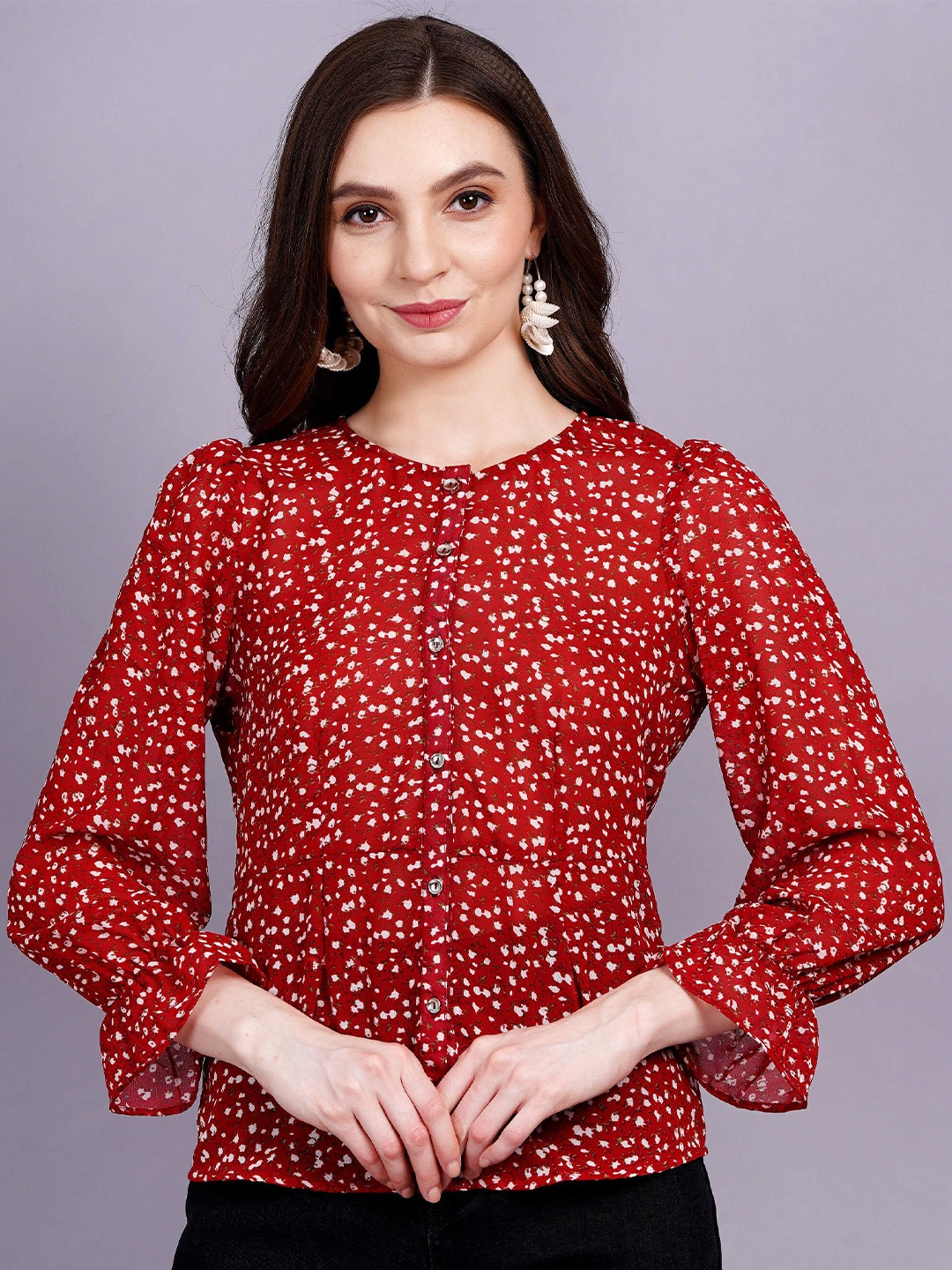 

MINGLAY Floral Printed Round Neck Flared Sleeves Sheer A-Line Top, Red