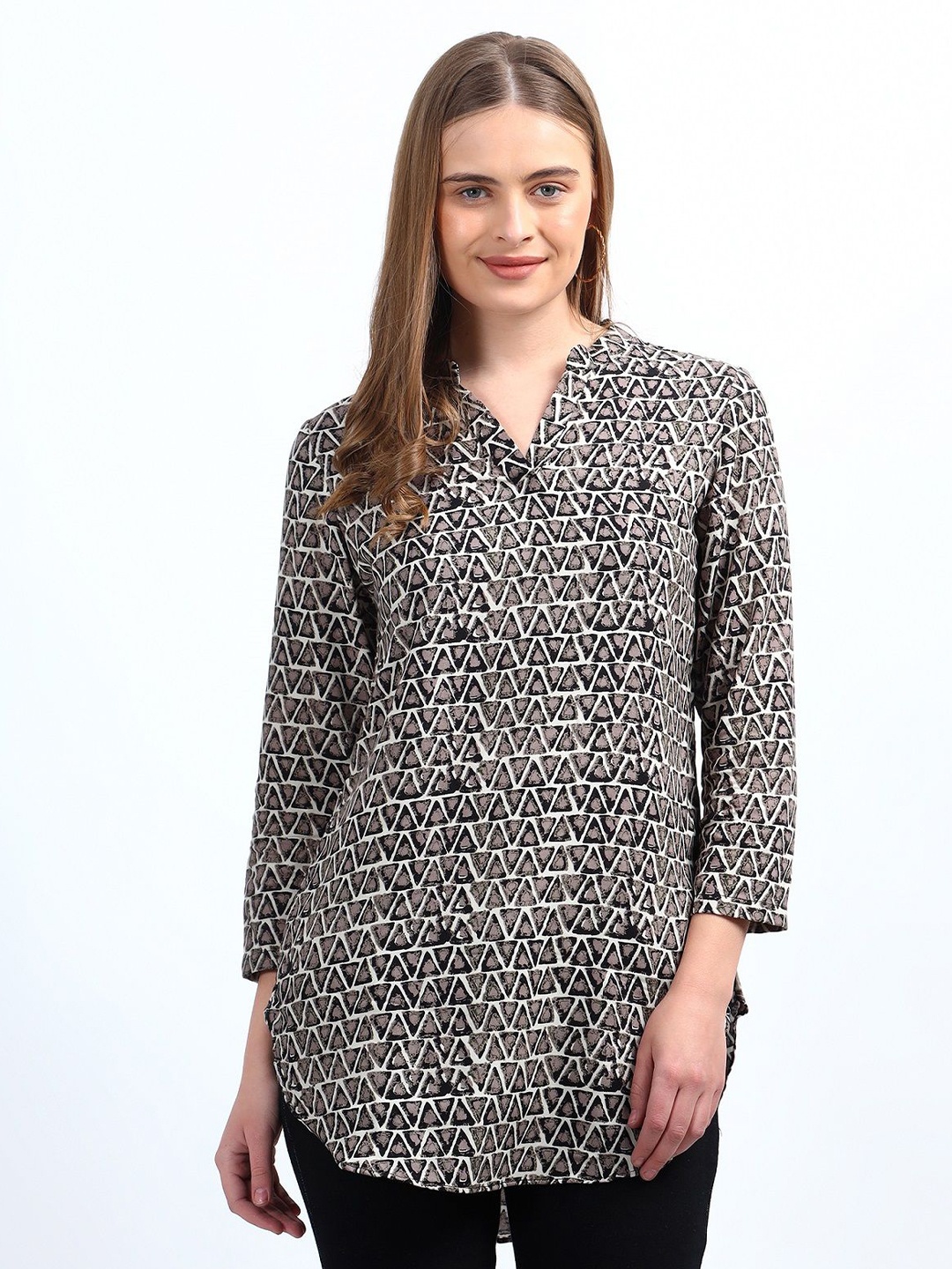 

NKSA FASHION Geometric Printed Mandarin Collar High-Low Top, Grey