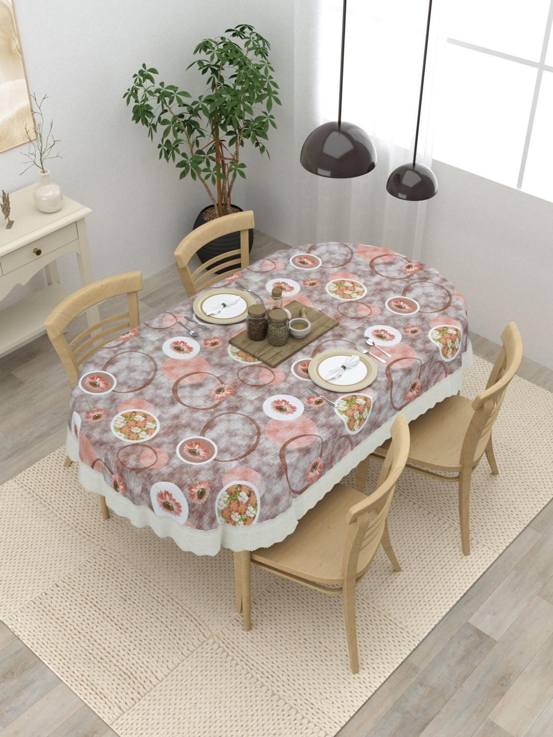 

Clasiko Brown Floral Anti-Skid Oval 6-Seater Table Cover
