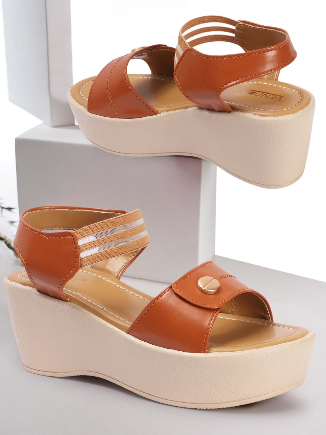 

VENDOZ Open Toe Wedge Heels, Tan