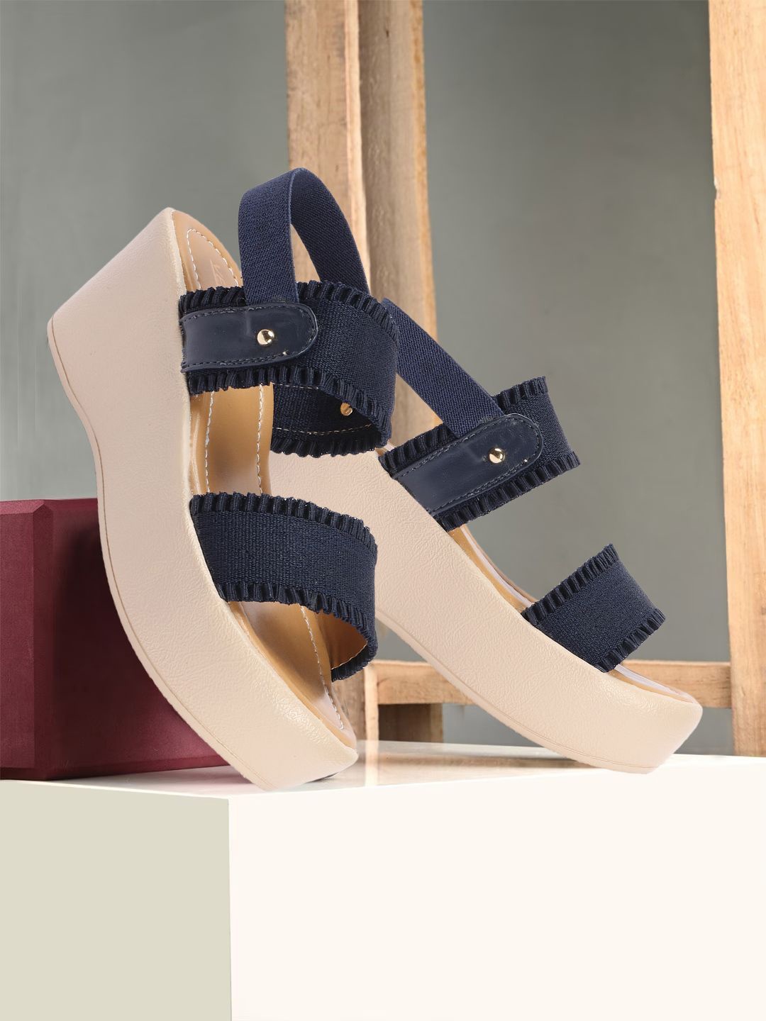 

VENDOZ Open Toe Wedge Heel Sandals, Navy blue