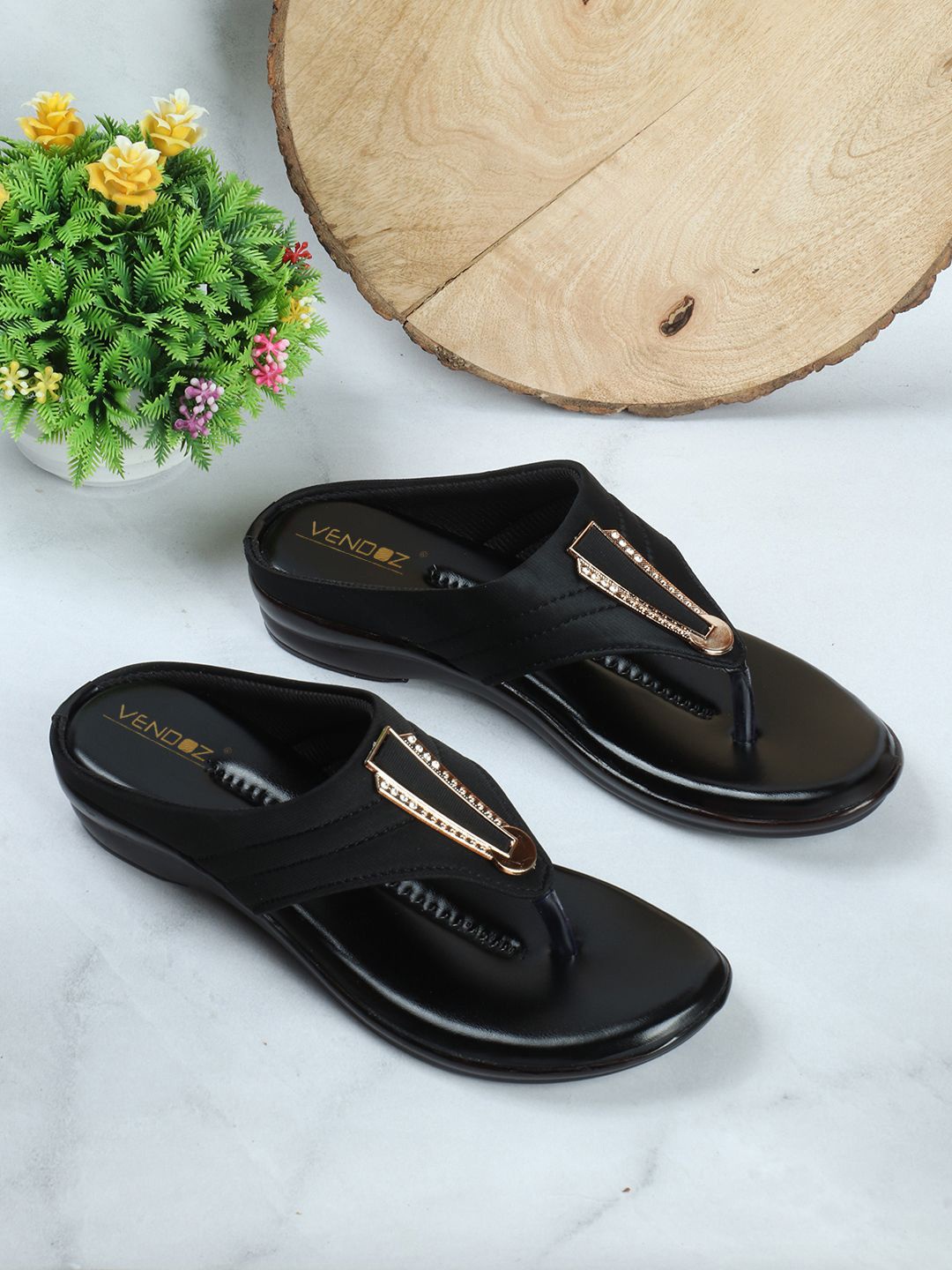 

VENDOZ Open Toe T-Straps Flats, Black