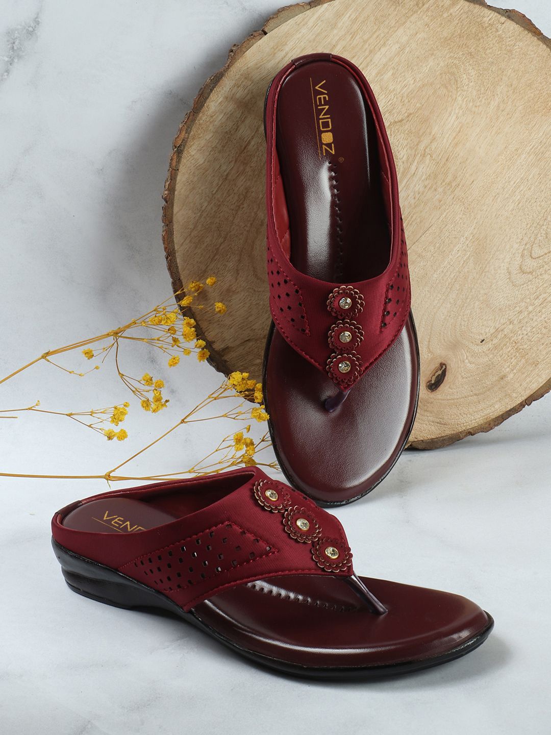 

VENDOZ T-Strap Open Toe Flats, Maroon