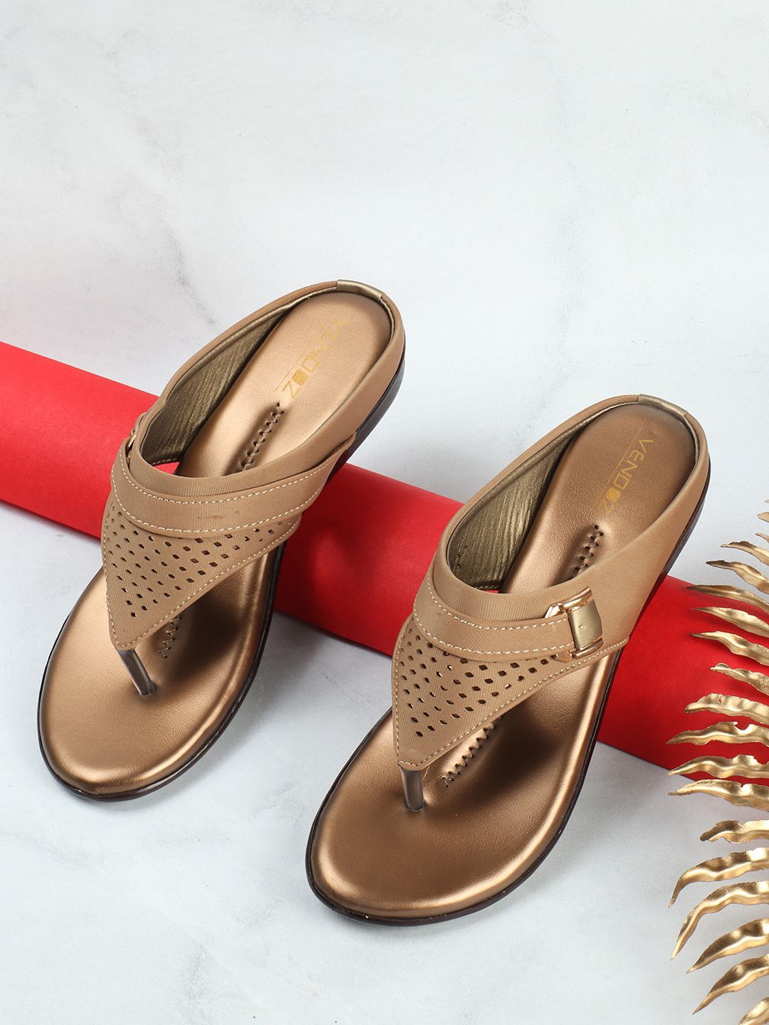 

VENDOZ T-Strap Open Toe Flats, Beige