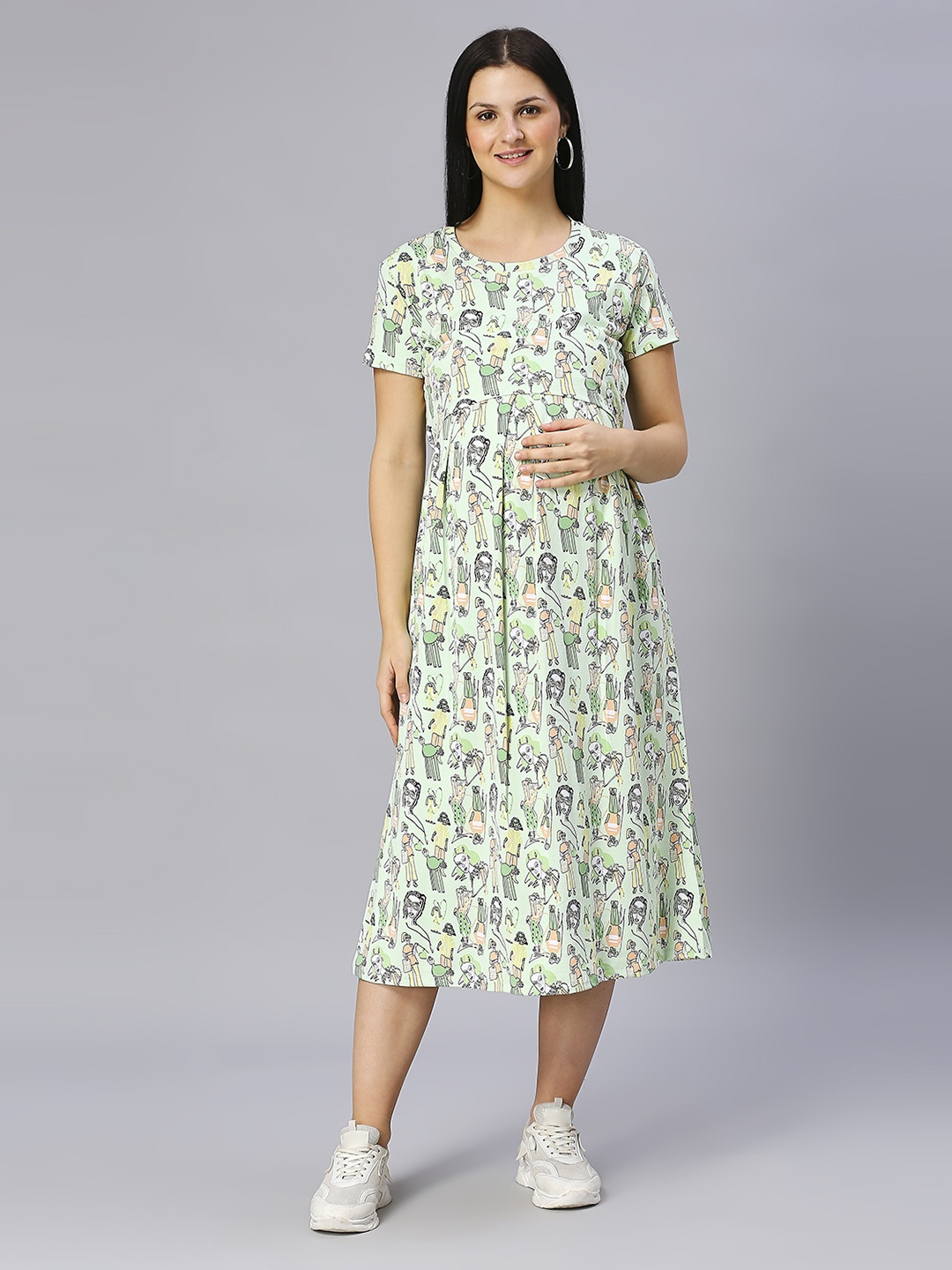 

True Shape Conversational Printed Zipless Maternity Fit and Flare Midi Dress, Green