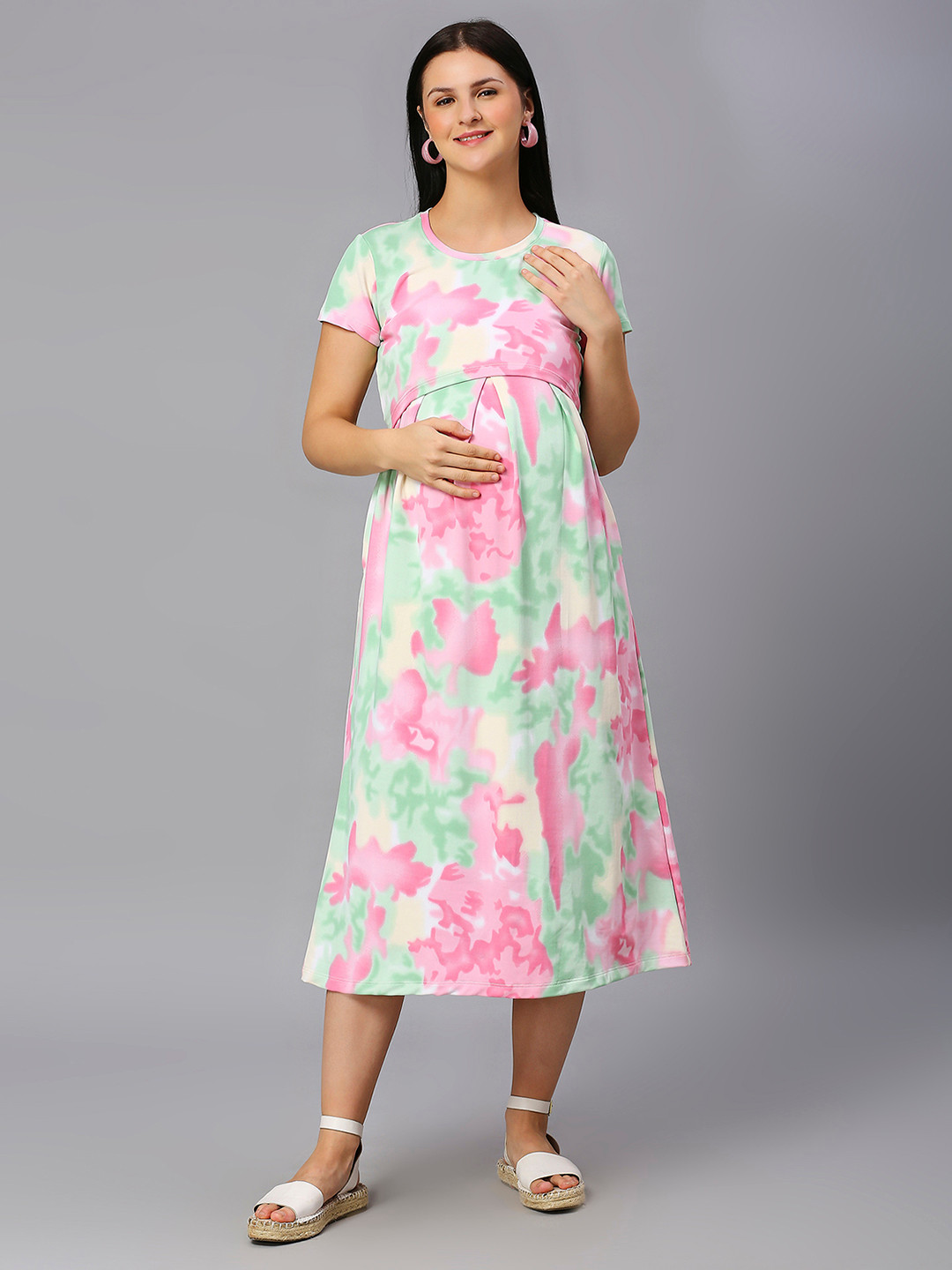 

True Shape Round Neck Short Sleeve Belted Fit & Flare Maternity Midi Dress, Pink