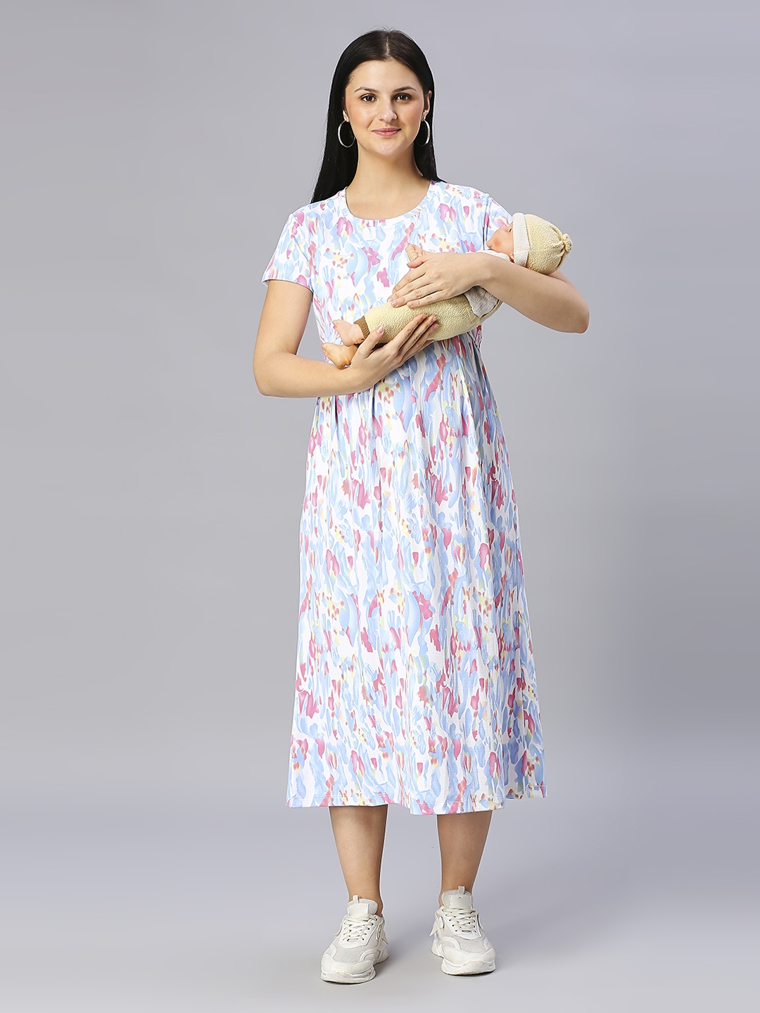 

True Shape Printed Maternity Cotton Fit and Flare Midi Dress, Blue