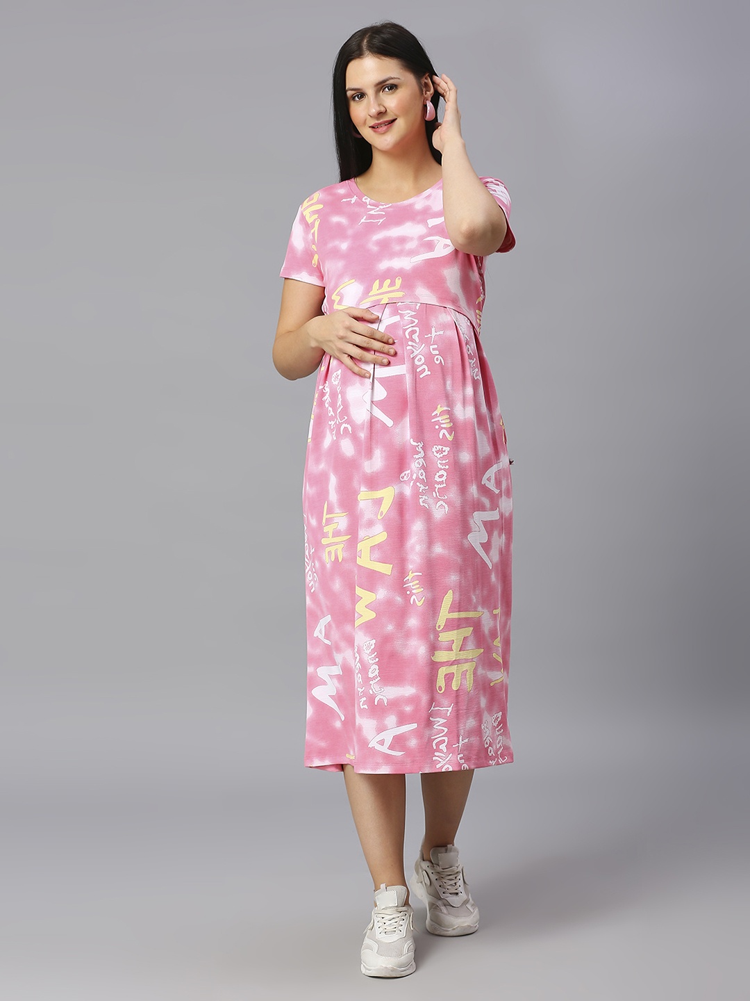 

True Shape Conversational Printed Pleated Maternity Midi Sheath Dress, Pink