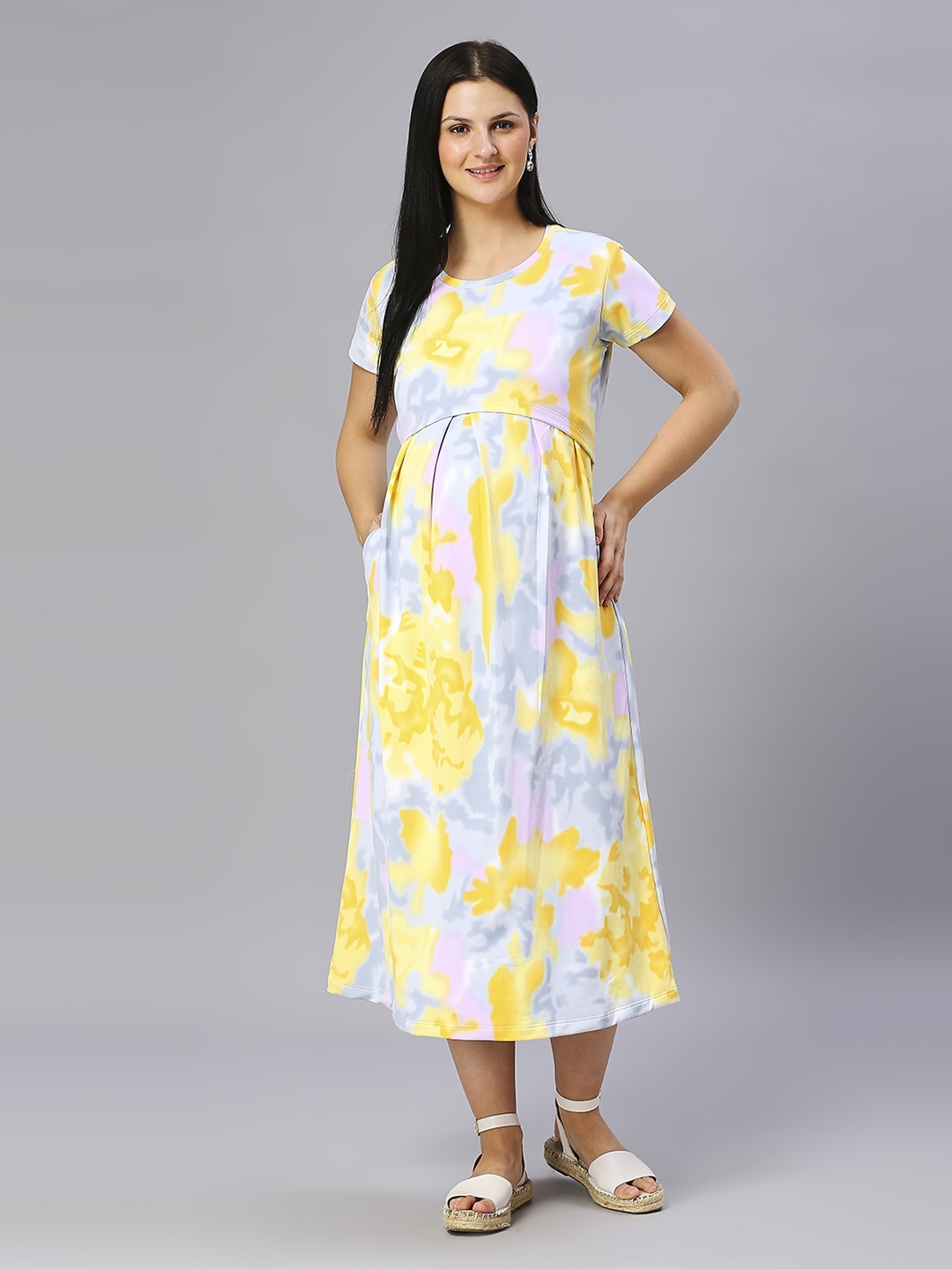 

True Shape Women Abstract Printed Fit and Flare Maternity Dress, Yellow