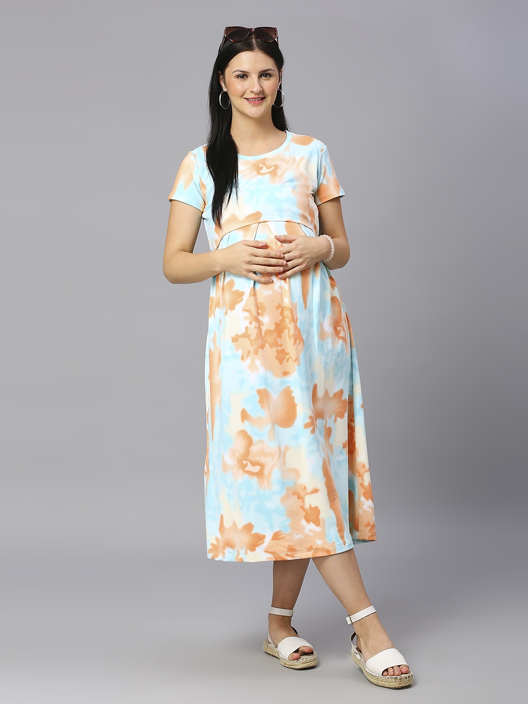 

True Shape Floral Printed Zipless Maternity Fit and Flare Midi Dress, Blue