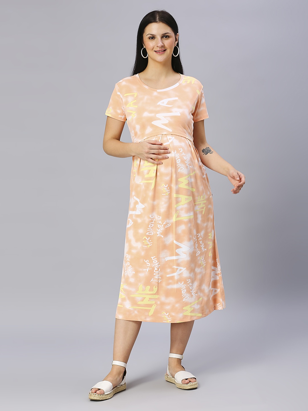

True Shape Round Neck Typography Fit and Flare Maternity Midi Dress, Peach