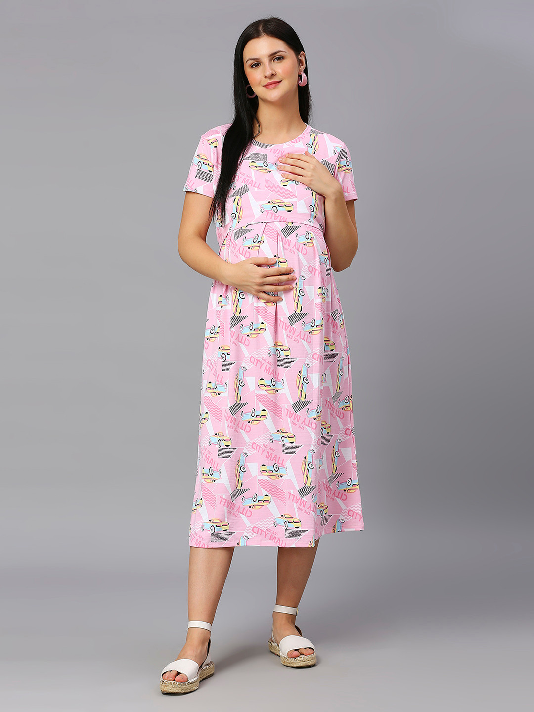 

True Shape Graphic Printed Fit and Flare Maternity Midi Dress, Pink