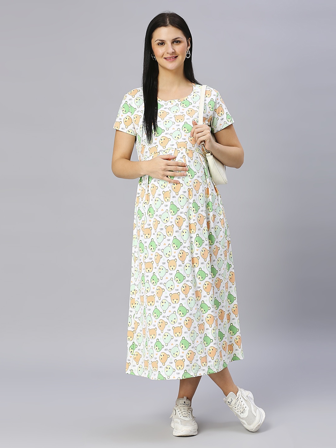 

True Shape Round Neck Short Sleeve Belted Fit & Flare Maternity Midi Dress, White