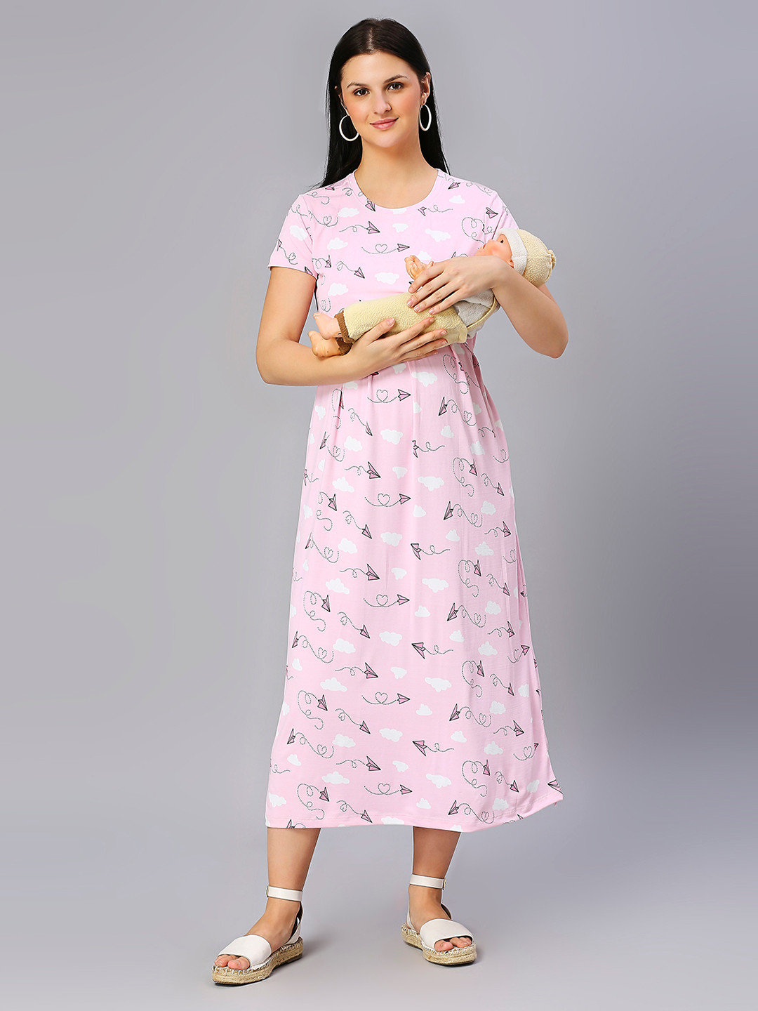 

True Shape Conversational Printed Zipless Maternity Fit and Flare Midi Dress, Pink