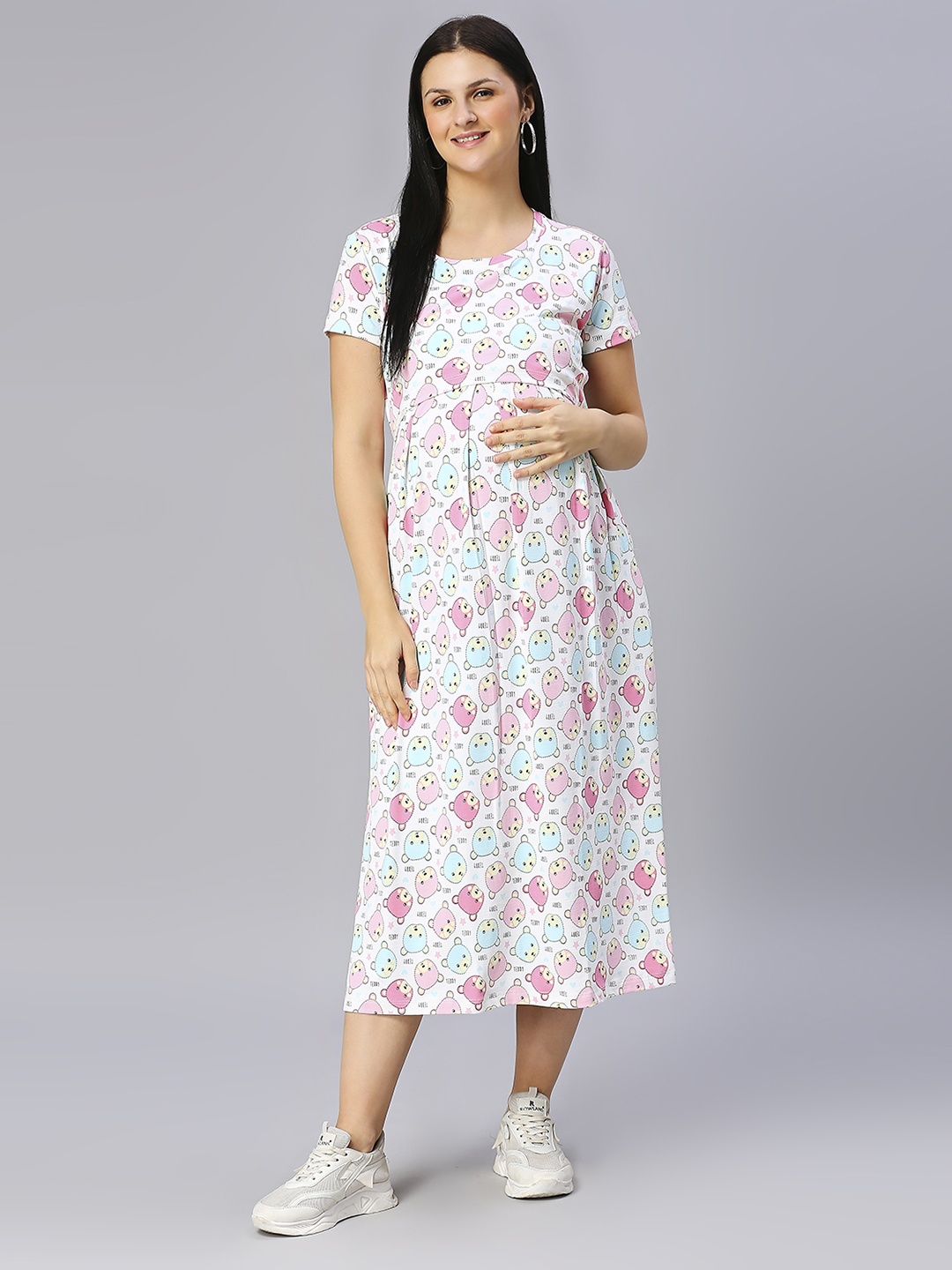 

True Shape Women Conversational Printed Pleated Fit and Flare Maternity Dress, Pink