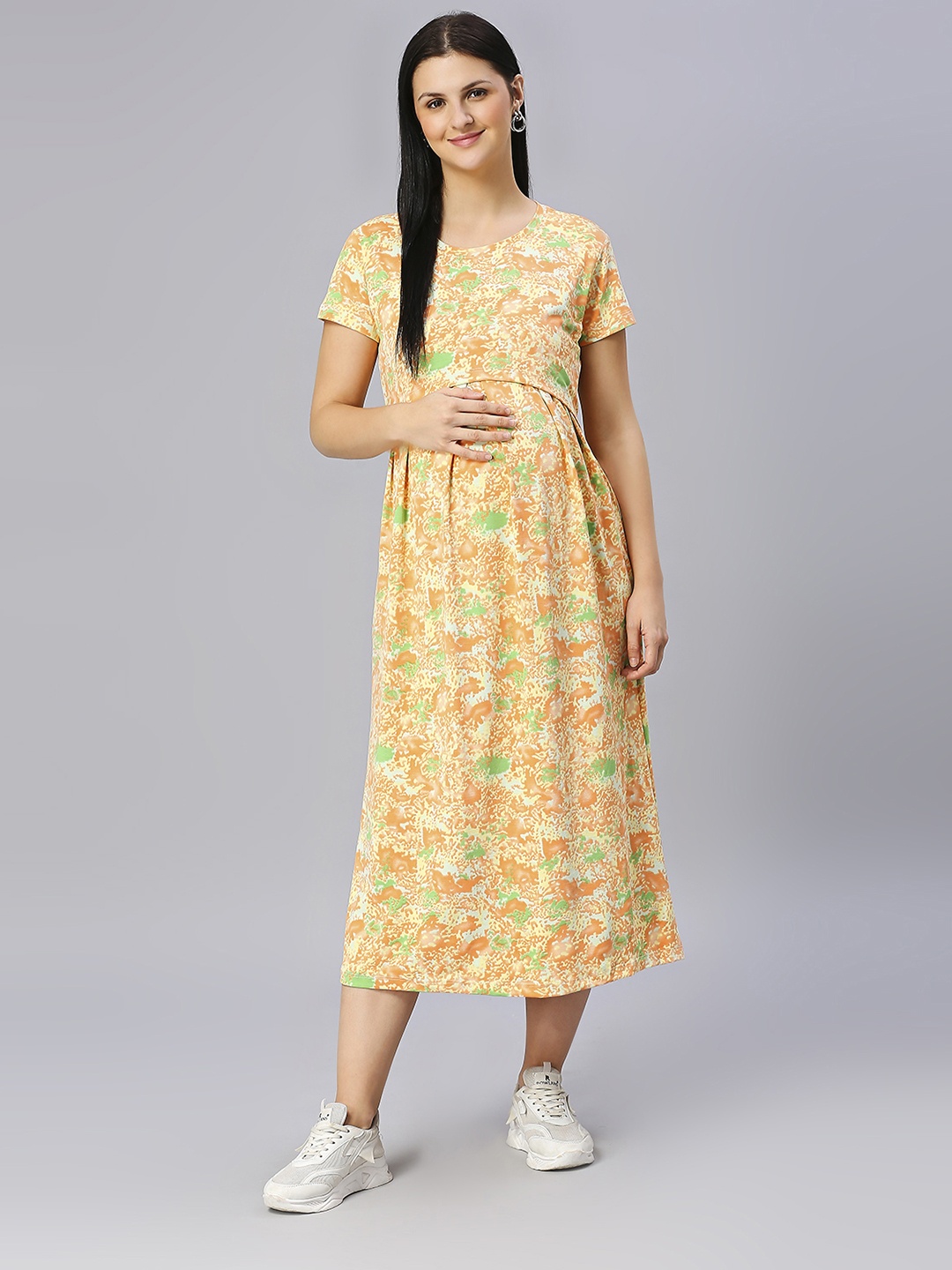 

True Shape Abstract Printed Maternity Fit and Flare Maternity Midi Dress, Mustard