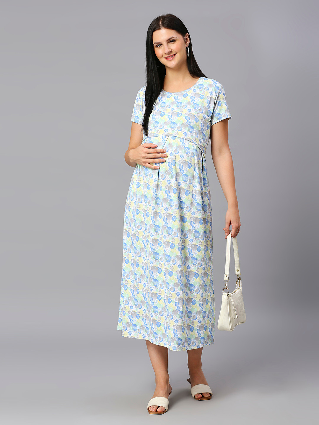 

True Shape Geometric Printed Zipless Maternity Fit and Flare Midi Dress, Blue