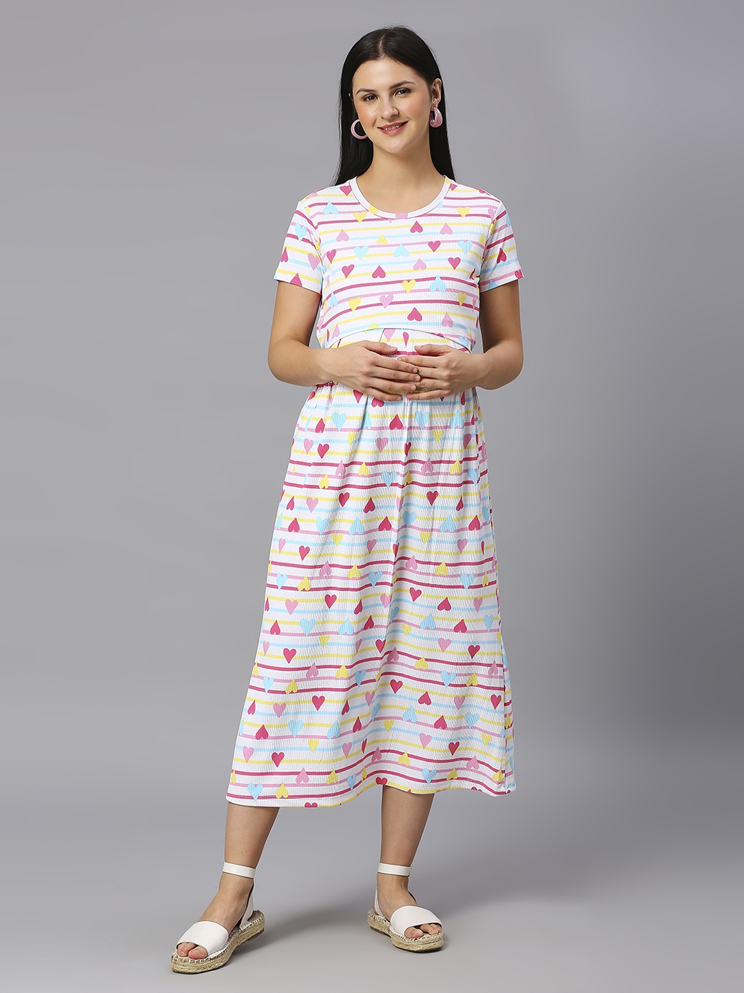 

True Shape Conversational Printed Striped A-Line Maternity Midi Dress, Pink
