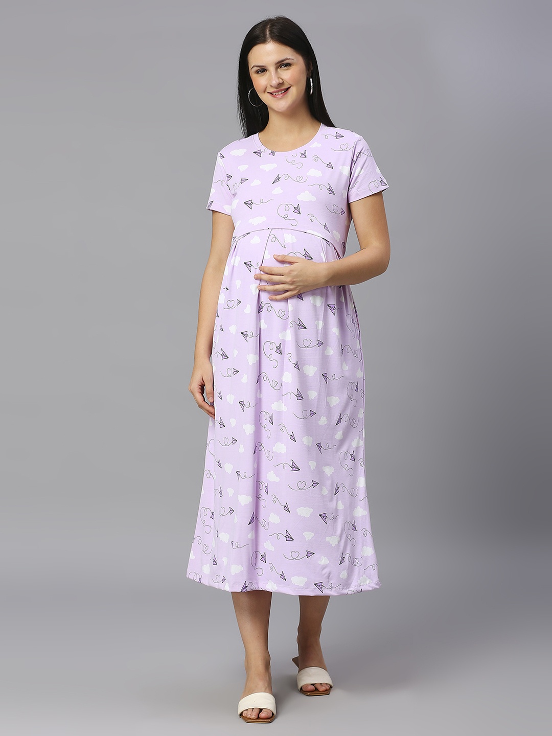 

True Shape Conversational Printed Pleated Fit and Flare Maternity Dress, Purple
