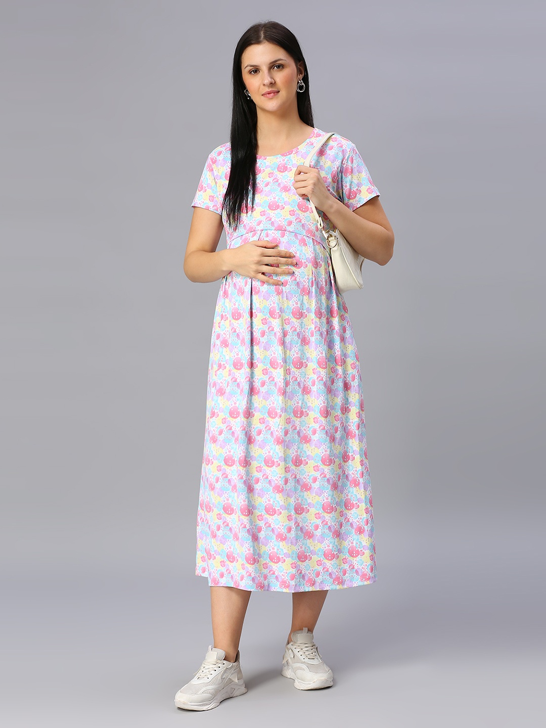 

True Shape Round Neck Short Sleeve Belted Fit & Flare Maternity Midi Dress, Pink