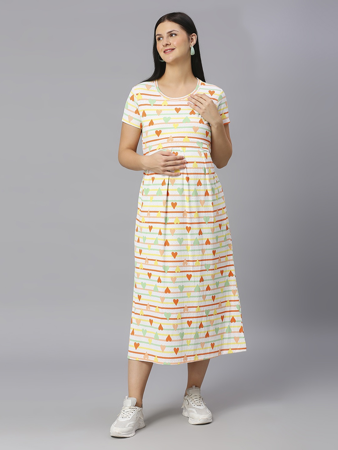 

True Shape Conversational Printed Striped Fit and Flare Maternity Midi Dress With Cape, White