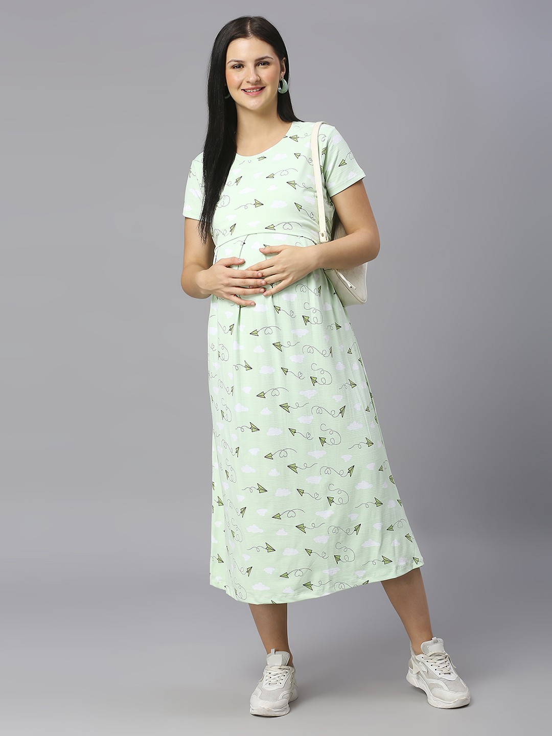 

True Shape Conversational Printed Pleated Fit and Flare Maternity Dress, Green