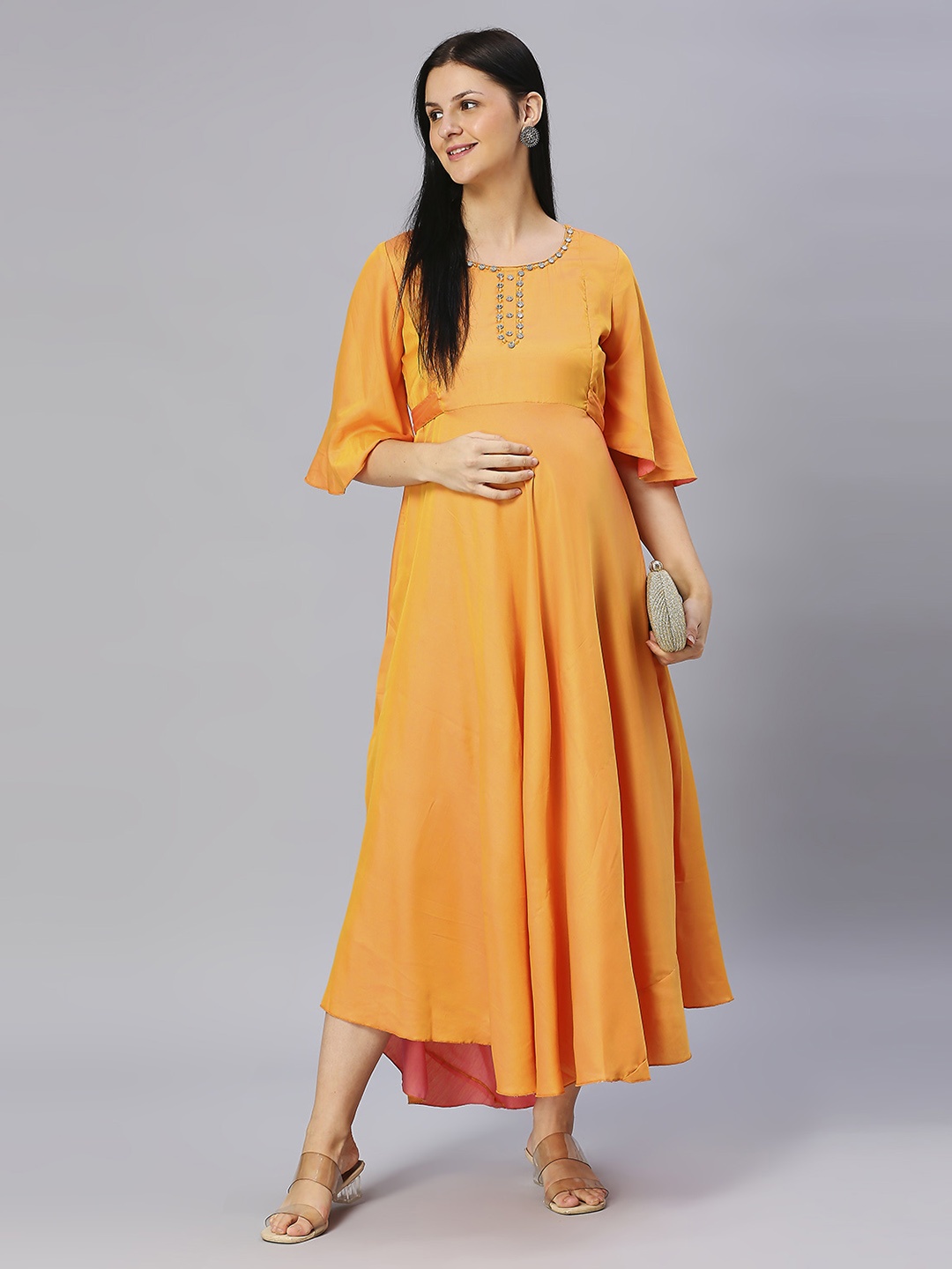 

DUMMY SHAPE Yoke Design Flared Sleeves Maternity Anarkali Kurta, Coral