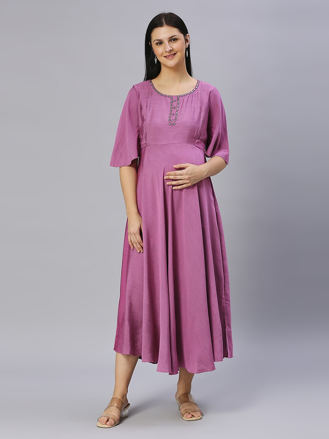 

DUMMY SHAPE Flared Sleeves Cotton Maternity Anarkali Kurta, Purple