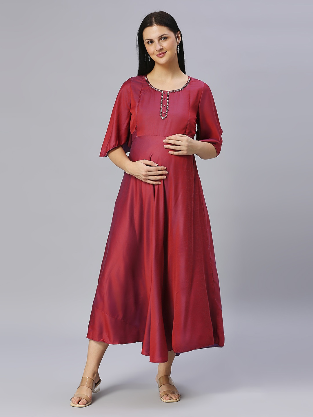 

DUMMY SHAPE Embellished Flared Sleeves Maternity Anarkali Kurta, Pink