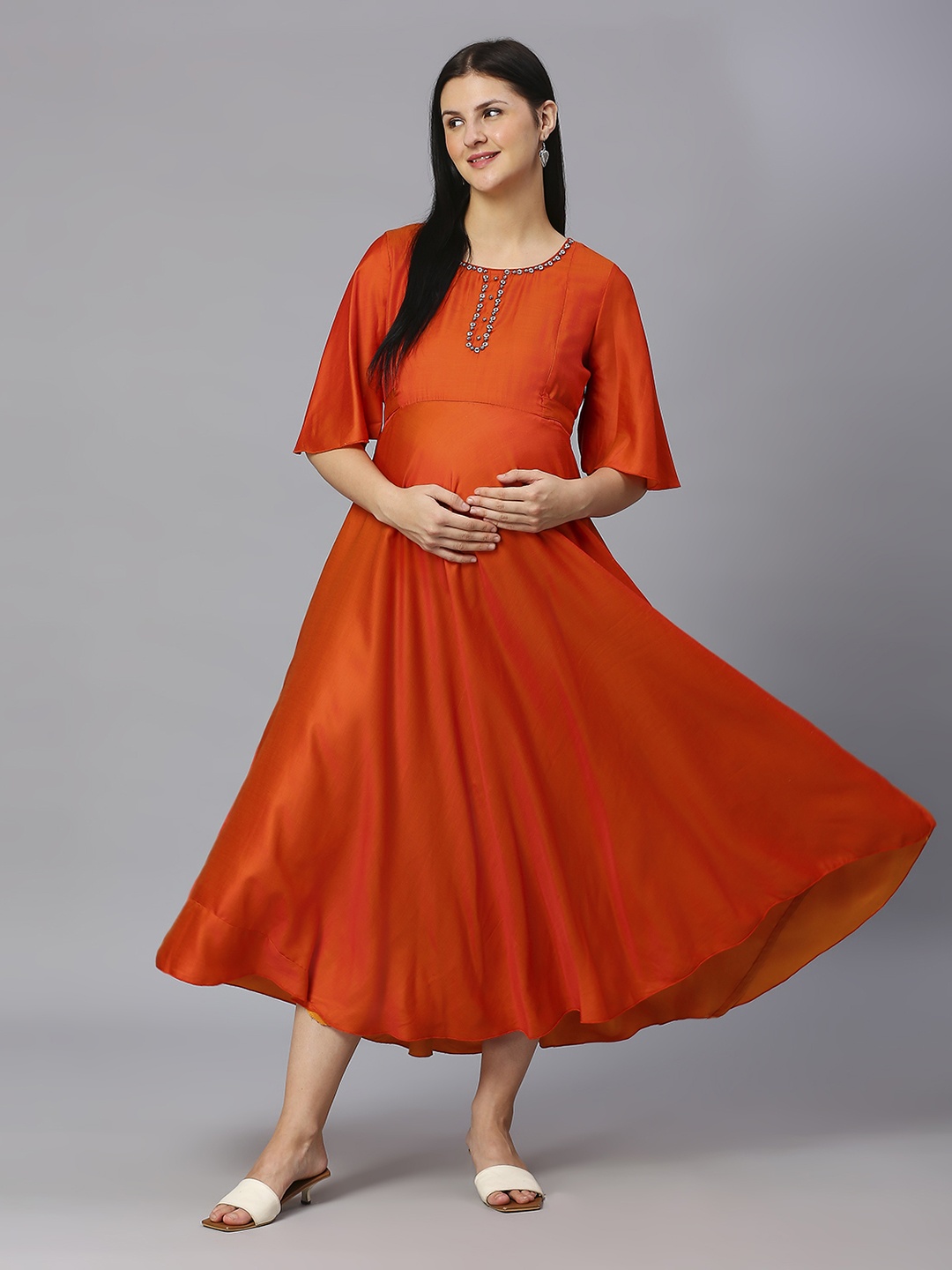 

DUMMY SHAPE Flared Sleeves Fit and Flare Maternity Maxi Dress, Orange
