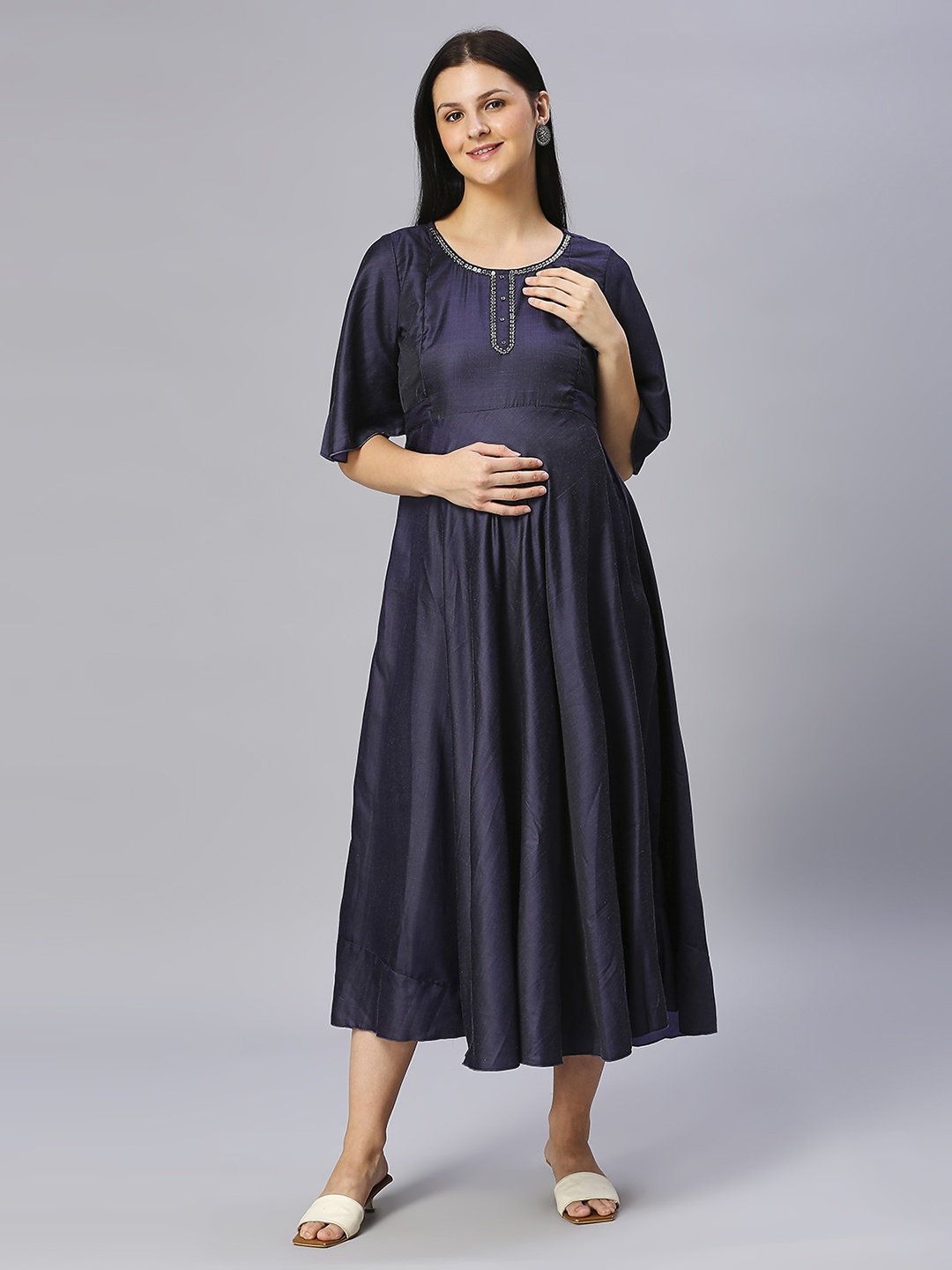 DUMMY SHAPE Flared Sleeves Maternity Cotton Ethnic Dress, Blue