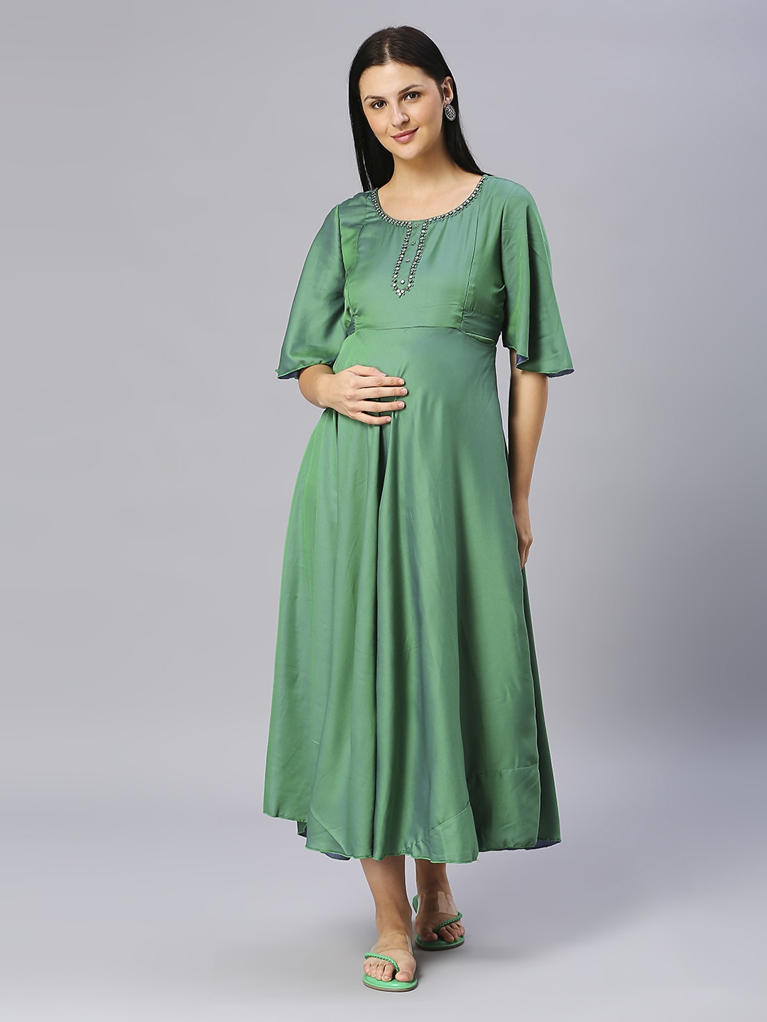 

DUMMY SHAPE Flared Sleeves Maternity Cotton Ethnic Dress, Green